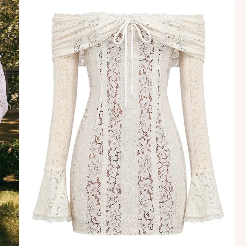 House of CB Sadie Vintage Cream Floral Lace Off Shoulder Mini Dress NWOT‎ size L - Picture 8 of 16